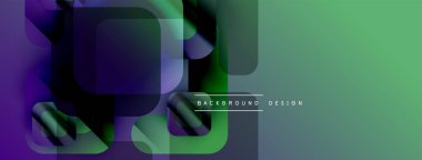 Soyut geometrik şekiller çakışıyor. Yeşil, mor renkler tasarıma hakim. Modern tarz, dinamik kompozisyon, uygun arkaplan.