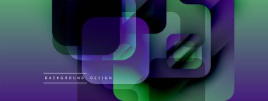 Soyut geometrik şekiller örtüşür, canlı gradyanlar yaratır. Mor, yeşil renkler tasarıma egemen, modern estetik.
