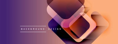 Soyut geometrik şekiller örtüşür, canlı bir gradyan arkaplan oluşturur. Mor, turuncu renkler tasarımda baskın. Modern estetik.