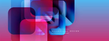 Soyut geometrik şekiller örtüşüyor, canlı renk eğimleri yaratıyor. Pembe, mavi, kırmızı renkler tasarımda baskın. Modern estetik.