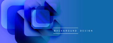 Soyut mavi katmanlar dinamik arkaplan oluşturur. Modern tasarım, üst üste binen dikdörtgenler, gradyanlar, metin elementleri. Basit, temiz estetik..