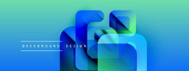 Soyut geometrik şekiller örtüşüyor, canlı mavi, yeşil bir eğim yaratıyor. Metin arka plan tasarımı okur. Modern görsel sunum.