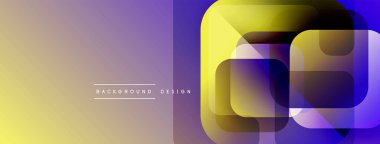 Soyut geometrik şekiller örtüşüyor, canlı renk eğimleri yaratıyor. Tasarımda altın, mor, mavi renkler var. Modern arkaplan ögesi.