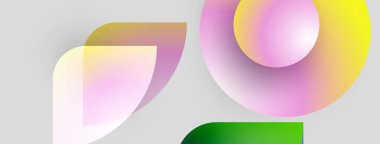 Soyut şekiller örtüşür, yumuşak eğimler yaratır. Pembe, sarı, yeşil renkler tarafsız arkaplanda baskın. Minimalist tasarım.