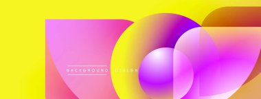 Canlı, soyut bir kompozisyon. Üst üste binen daireler, kareler dinamik görsel efektler yaratır. Sarı, pembe, mor renkler tasarımda baskın. Modern estetik.