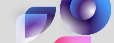 Soyut şekiller örtüşüyor, canlı gradyanlar yaratıyor. Mor, mavi, pembe renkler kompozisyona hakim. Modern tasarım elemanları.