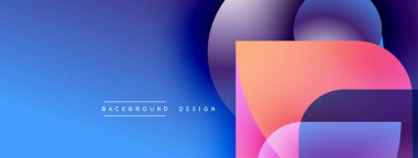 Soyut geometrik şekiller örtüşür, parlak mavi, pembe ve turuncu renkler yaratır. Arkaplan ve sunumlar için uygun modern tasarım.