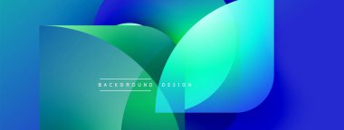 Soyut tasarım özellikleri üst üste binen şeffaf şekiller. Mavi, yeşil renkler dinamik görsel efekt yaratır. Sunumlar için modern arkaplan uygun.
