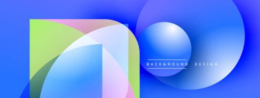 Soyut geometrik şekiller örtüşür, parlak mavi, yeşil ve pembe renkler yaratır. Metin arka plan tasarımı okur. Modern görsel kompozisyon.