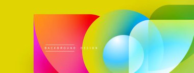 Parlak soyut tasarım özellikleri üst üste binen renkli daireler, kare. Sarı arkaplan canlı bir karşıtlık sağlıyor, modern estetik..