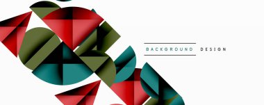 Soyut geometrik şekiller örtüşür, dinamik bileşim yaratır. Kırmızı, deniz mavisi, altın renkleri beyaz alana hakim. Modern tasarım ögesi.