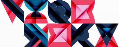 Soyut geometrik şekiller, canlı renkler, dinamik bileşim. Kırmızı, mavi tonlar baskın, modern görsel etki yaratıyor..