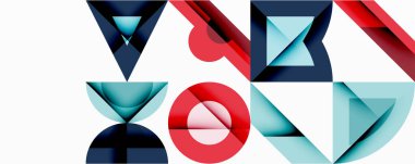 Soyut geometrik şekiller, üçgenler, daireler, eğriler. Mavi, kırmızı renkler kompozisyona hakim. Minimalist tasarım, temiz çizgiler, modern estetik..