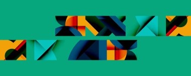 Soyut geometrik şekiller çakışıyor, renkli desenler yaratıyor. Teal arkaplanı mevcut karşıtlık ve canlı tasarım unsurları sağlar.