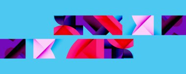 Soyut şekiller örtüşür, canlı renk blokları oluşturur. Maviler, pembeler, morlar kompozisyona hakim. Modern tasarım elemanları.