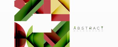 Modern soyut tasarım. Üst üste binen geometrik şekiller dinamik bileşim oluşturur. Yeşil, kırmızı, sarı renkler görsel alana hakim..