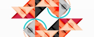 Soyut geometrik tasarım. Üçgenler, daireler örtüşüyor. Karmaşık desen yaratıyorlar. Sıcak renkler hakim, gri, beyaz boşluk ile zıt.