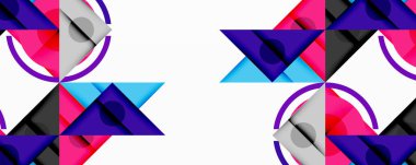Geometrik desenler tekrar ediyor. Şekiller üçgenler, daireler, kareler içerir. Renkler pembe, mor, cyan, gri, siyah. Modern tasarım.
