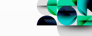 Soyut geometrik şekiller örtüşür, dinamik bileşim yaratır. Teal, donanma, beyaz renkler tasarımda baskın. Modern estetik.