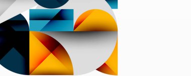Soyut geometrik bileşim. Üst üste binen şekiller, dinamik görsel ilgi yaratır. Renkler arasında mavi, turuncu, gri, siyah var. Minimalist tasarım.