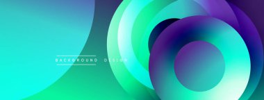 Soyut renkli tasarım. Üst üste binen daireler dinamik görsel efekt yaratır. Renkli gölgeler turkuvaz karışımı, mor, mavi renkler. Modern arkaplan.