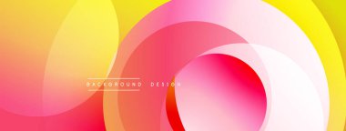 Soyut renkli arkaplan. Üst üste binen daireler dinamik görsel efekt yaratır. Renkler sarıdan pembeye, kırmızıya dönüşüyor. Modern tasarım ögesi.