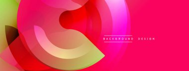 Soyut enerjik tasarım. Üst üste binen renkli şekiller dinamik bileşim oluşturur. Pembe arka plana hükmediyor, yeşil ve kırmızı renklerle vurgulanıyor. Modern estetik.