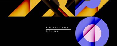 Soyut geometrik şekiller siyah arkaplana hükmediyor. Canlı turuncu, sarı, mavi renkler dinamik kompozisyon oluşturur. Dairesel element kontrastı, görsel ilgiyi ekler. Modern tasarım estetik.