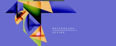 Soyut geometrik tasarım üst üste binen renkli üçgenler, dikdörtgenler. Gradyan gölgeler derinlik yaratır, modern estetik. Mor arkaplan karşıtlık sağlar, metin arkaplan tasarımı okur.