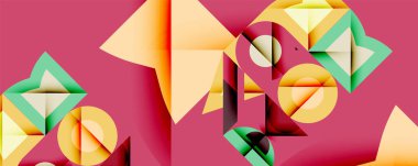 Soyut geometrik bileşim. Şekiller örtüşüyor, dinamik görsel ilgi yaratıyor. Sıcak sarılar, koyu kırmızı arka plana karşı serin yeşiller. Modern tasarım elemanları.