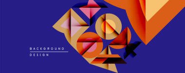 Soyut geometrik bileşim. Üst üste binen şekiller dinamik görsel efekt yaratır. Ilık renkler koyu mavi arkaplanla tezat oluşturur. Modern tasarım ögesi.