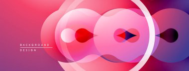 Soyut kompozisyon. Üst üste binen daireler dinamik görsel efekt yaratır. Pembe, kırmızı, mor egemen tasarımın gradyan tonları. Modern estetik.