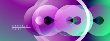 Soyut daireler örtüşüyor, canlı mor, pembe, yeşil gradyanlar oluşturuyor. Modern tasarım, pürüzsüz geçişler, dinamik kompozisyon.