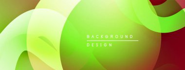 Soyut, enerjik bir arkaplan. Üst üste binen şekiller dinamik görsel efekt yaratır. Yeşil, sarı, kırmızı renkler kompozisyona hakim. Modern tasarım ögesi.