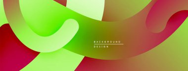 Soyut sıvı şekilleri kesişir. Yeşil, kırmızı, sarı renkler düzgün bir şekilde harmanlanarak dinamik bileşim oluşturuyor. Modern tasarım ögesi.