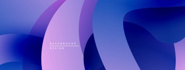 Soyut akışkan şekiller, mor renkler derin maviye karışıyor. Modern tasarım dinamik görsel deneyim yaratır. Düzen eğimleri kompozisyona hakim.