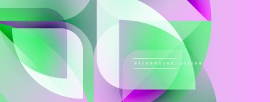 Soyut geometrik şekiller çakışıyor. Renkler yeşil, mor, beyaz. Modern tasarım canlı görsel efekt yaratır. Minimalist stil.