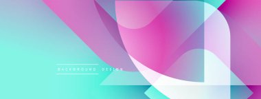 Soyut geometrik şekiller örtüşür, canlı gradyanlar yaratır. Turkuaz, pembe, mor renkler tasarımda baskın. Modern, dinamik kompozisyon.