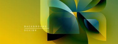 Soyut geometrik tasarım. Canlı renkler karışıyor, dinamik görsel deneyim yaratıyor. Sarı egemen, yeşilliklerle vurgulu, maviler. Modern estetik.