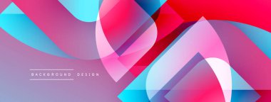 Soyut, enerjik şekiller çakışıyor. Renkler, maviler, pembeler, morlar. Modern tasarım enerji, hareket, akıcılık öneriyor. Arkaplan dokusu görünür.