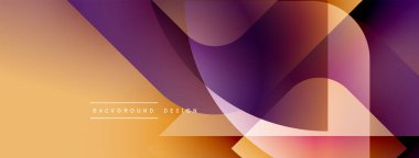 Soyut geometrik şekiller üst üste binerek sıcak renk değişimleri yaratıyor. Tasarımda şeffaf katmanlı turuncu, mor renkler yer alıyor. Modern estetik.