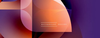 Soyut geometrik şekiller canlı turuncu ve mor renkleri harmanlarlar. Modern tasarım üst üste binen daireler, dikdörtgenler içerir. Metin arkaplan tasarımı okur.