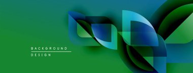 Soyut geometrik şekiller örtüşüyor, dinamik yeşil, mavi gradyanlar yaratıyor. Modern tasarım hareket, derinlik ve görsel ilgi öneriyor.