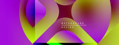Soyut canlı tasarım, üst üste binen renkli şekiller. Gradyan renkler mor, sarı ve maviyi harmanlayarak dinamik görsel efekt yaratır. Metin arkaplan tasarımı okur.
