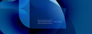 Soyut mavi şekiller üst üste binerek dinamik bileşim oluşturuyor. Derece gölgeleri derinliği, modern estetiği gösteriyor. Metin arkaplan tasarımı okur.