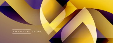 Soyut geometrik şekiller üst üste binerek dinamik altın ve mor renkler yaratır. Arkaplan ve sunumlar için modern tasarım ögesi.