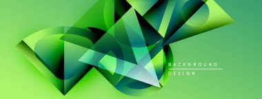 Soyut geometrik tasarım. Yeşil gölgeler dinamik bileşim yaratır. Katmanlı şekiller, gradyanlar, metin ögeleri ile modern arkaplan.