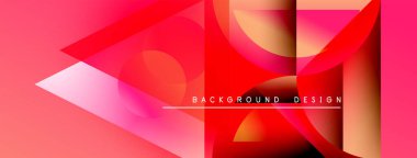 Soyut geometrik şekiller, canlı kırmızılar, pembeler dinamik bir zemin oluşturur. Modern tasarım üst üste binen katmanlar, gradyanlar içerir.