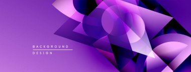 Soyut mor tasarım üst üste binen geometrik şekiller içerir. Gradyan renkler dinamik görsel efekt yaratır. Modern arkaplan ögesi.
