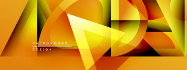 Soyut geometrik şekiller örtüşüyor, canlı turuncu ve sarı renkler yaratıyor. Modern tasarım elementleri dinamik görsel deneyim önerir.